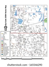 Vector map with summits, rivers, railroads, streets, lakes, parks, airports, stadiums, correctional facilities, military installations and federal lands by zip code 33594 with labels and clean layers.