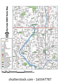 Vector map with summits, rivers, railroads, streets, lakes, parks, airports, stadiums, correctional facilities, military installations and federal lands by zip code 33603 with labels and clean layers.