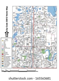 Vector map with summits, rivers, railroads, streets, lakes, parks, airports, stadiums, correctional facilities, military installations and federal lands by zip code 33612 with labels and clean layers.