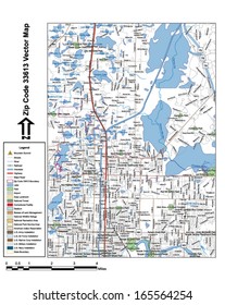 Vector map with summits, rivers, railroads, streets, lakes, parks, airports, stadiums, correctional facilities, military installations and federal lands by zip code 33613 with labels and clean layers.
