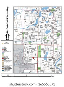 Vector map with summits, rivers, railroads, streets, lakes, parks, airports, stadiums, correctional facilities, military installations and federal lands by zip code 33614 with labels and clean layers.