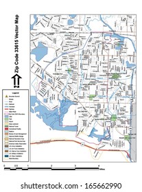 Vector map with summits, rivers, railroads, streets, lakes, parks, airports, stadiums, correctional facilities, military installations and federal lands by zip code 33615 with labels and clean layers.