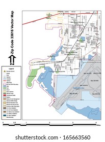 Vector map with summits, rivers, railroads, streets, lakes, parks, airports, stadiums, correctional facilities, military installations and federal lands by zip code 33616 with labels and clean layers.