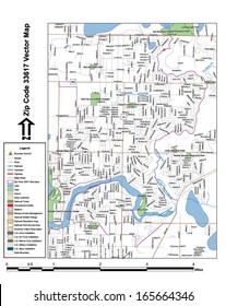 Vector map with summits, rivers, railroads, streets, lakes, parks, airports, stadiums, correctional facilities, military installations and federal lands by zip code 33617 with labels and clean layers.