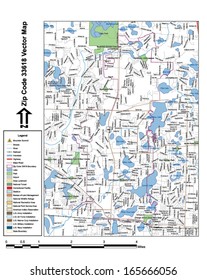 Vector map with summits, rivers, railroads, streets, lakes, parks, airports, stadiums, correctional facilities, military installations and federal lands by zip code 33618 with labels and clean layers.