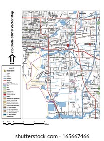 Vector map with summits, rivers, railroads, streets, lakes, parks, airports, stadiums, correctional facilities, military installations and federal lands by zip code 33619 with labels and clean layers.
