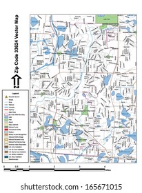 Vector map with summits, rivers, railroads, streets, lakes, parks, airports, stadiums, correctional facilities, military installations and federal lands by zip code 33624 with labels and clean layers.