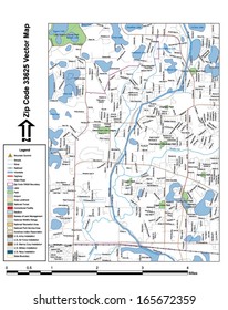Vector map with summits, rivers, railroads, streets, lakes, parks, airports, stadiums, correctional facilities, military installations and federal lands by zip code 33625 with labels and clean layers.