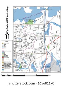 Vector map with summits, rivers, railroads, streets, lakes, parks, airports, stadiums, correctional facilities, military installations and federal lands by zip code 33637 with labels and clean layers.