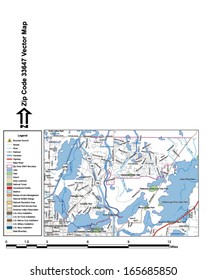 Vector map with summits, rivers, railroads, streets, lakes, parks, airports, stadiums, correctional facilities, military installations and federal lands by zip code 33647 with labels and clean layers.