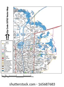 Vector map with summits, rivers, railroads, streets, lakes, parks, airports, stadiums, correctional facilities, military installations and federal lands by zip code 33702 with labels and clean layers.