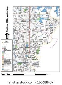 Vector map with summits, rivers, railroads, streets, lakes, parks, airports, stadiums, correctional facilities, military installations and federal lands by zip code 33704 with labels and clean layers.