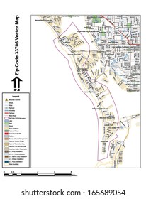 Vector map with summits, rivers, railroads, streets, lakes, parks, airports, stadiums, correctional facilities, military installations and federal lands by zip code 33706 with labels and clean layers.