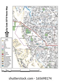 Vector map with summits, rivers, railroads, streets, lakes, parks, airports, stadiums, correctional facilities, military installations and federal lands by zip code 33710 with labels and clean layers.