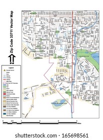 Vector map with summits, rivers, railroads, streets, lakes, parks, airports, stadiums, correctional facilities, military installations and federal lands by zip code 33711 with labels and clean layers.