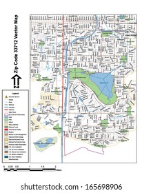 Vector map with summits, rivers, railroads, streets, lakes, parks, airports, stadiums, correctional facilities, military installations and federal lands by zip code 33712 with labels and clean layers.