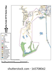 Vector map with summits, rivers, railroads, streets, lakes, parks, airports, stadiums, correctional facilities, military installations and federal lands by zip code 33715 with labels and clean layers.