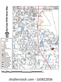 Vector map with summits, rivers, railroads, streets, lakes, parks, airports, stadiums, correctional facilities, military installations and federal lands by zip code 33764 with labels and clean layers.