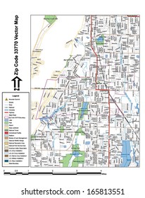Vector map with summits, rivers, railroads, streets, lakes, parks, airports, stadiums, correctional facilities, military installations and federal lands by zip code 33770 with labels and clean layers.