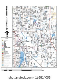 Vector map with summits, rivers, railroads, streets, lakes, parks, airports, stadiums, correctional facilities, military installations and federal lands by zip code 33771 with labels and clean layers.
