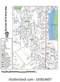 Vector map with summits, rivers, railroads, streets, lakes, parks, airports, stadiums, correctional facilities, military installations and federal lands by zip code 33772 with labels and clean layers.