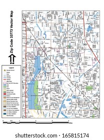 Vector map with summits, rivers, railroads, streets, lakes, parks, airports, stadiums, correctional facilities, military installations and federal lands by zip code 33773 with labels and clean layers.