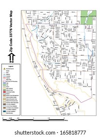 Vector map with summits, rivers, railroads, streets, lakes, parks, airports, stadiums, correctional facilities, military installations and federal lands by zip code 33776 with labels and clean layers.