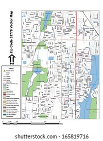 Vector map with summits, rivers, railroads, streets, lakes, parks, airports, stadiums, correctional facilities, military installations and federal lands by zip code 33778 with labels and clean layers.