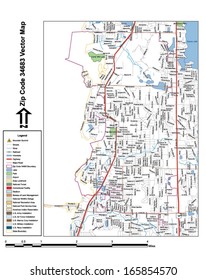 Vector map with summits, rivers, railroads, streets, lakes, parks, airports, stadiums, correctional facilities, military installations and federal lands by zip code 34683 with labels and clean layers.