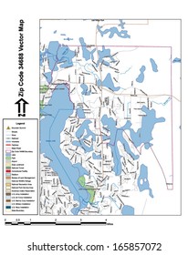 Vector map with summits, rivers, railroads, streets, lakes, parks, airports, stadiums, correctional facilities, military installations and federal lands by zip code 34688 with labels and clean layers.