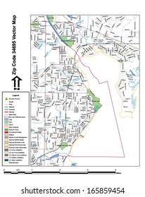 Vector map with summits, rivers, railroads, streets, lakes, parks, airports, stadiums, correctional facilities, military installations and federal lands by zip code 34695 with labels and clean layers.