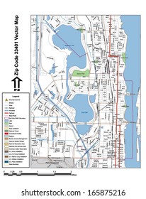 Vector map with summits, rivers, railroads, streets, lakes, parks, airports, stadiums, correctional facilities, military installations and federal lands by zip code 33401 with labels and clean layers.