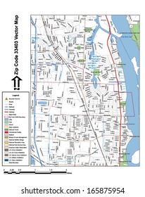 Vector map with summits, rivers, railroads, streets, lakes, parks, airports, stadiums, correctional facilities, military installations and federal lands by zip code 33403 with labels and clean layers.