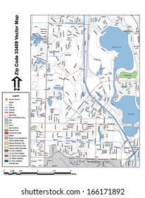Vector map with summits, rivers, railroads, streets, lakes, parks, airports, stadiums, correctional facilities, military installations and federal lands by zip code 33409 with labels and clean layers.