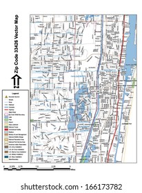 Vector map with summits, rivers, railroads, streets, lakes, parks, airports, stadiums, correctional facilities, military installations and federal lands by zip code 33426 with labels and clean layers.