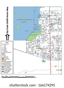 Vector map with summits, rivers, railroads, streets, lakes, parks, airports, stadiums, correctional facilities, military installations and federal lands by zip code 33428 with labels and clean layers.