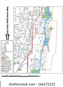 Vector map with summits, rivers, railroads, streets, lakes, parks, airports, stadiums, correctional facilities, military installations and federal lands by zip code 33432 with labels and clean layers.