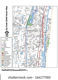 Vector map with summits, rivers, railroads, streets, lakes, parks, airports, stadiums, correctional facilities, military installations and federal lands by zip code 33444 with labels and clean layers.