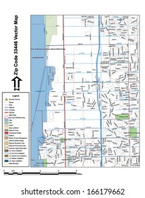 Vector map with summits, rivers, railroads, streets, lakes, parks, airports, stadiums, correctional facilities, military installations and federal lands by zip code 33446 with labels and clean layers.