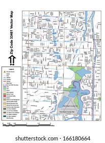 Vector map with summits, rivers, railroads, streets, lakes, parks, airports, stadiums, correctional facilities, military installations and federal lands by zip code 33461 with labels and clean layers.