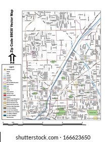 Vector map with summits, rivers, railroads, streets, lakes, parks, airports, stadiums, correctional facilities, military installations and federal lands by zip code 89030 with labels and clean layers.