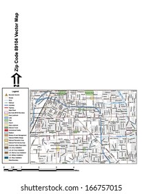 Vector map with summits, rivers, railroads, streets, lakes, parks, airports, stadiums, correctional facilities, military installations and federal lands by zip code 89104 with labels and clean layers.