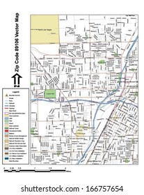 Vector map with summits, rivers, railroads, streets, lakes, parks, airports, stadiums, correctional facilities, military installations and federal lands by zip code 89106 with labels and clean layers.