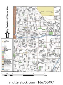 Vector map with summits, rivers, railroads, streets, lakes, parks, airports, stadiums, correctional facilities, military installations and federal lands by zip code 89107 with labels and clean layers.