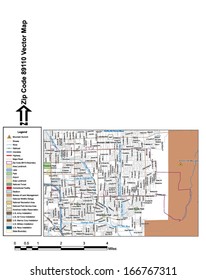 Vector map with summits, rivers, railroads, streets, lakes, parks, airports, stadiums, correctional facilities, military installations and federal lands by zip code 89110 with labels and clean layers.