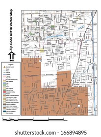 Vector map with summits, rivers, railroads, streets, lakes, parks, airports, stadiums, correctional facilities, military installations and federal lands by zip code 89118 with labels and clean layers.