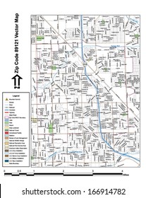 Vector map with summits, rivers, railroads, streets, lakes, parks, airports, stadiums, correctional facilities, military installations and federal lands by zip code 89121 with labels and clean layers.