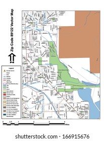 Vector map with summits, rivers, railroads, streets, lakes, parks, airports, stadiums, correctional facilities, military installations and federal lands by zip code 89122 with labels and clean layers.