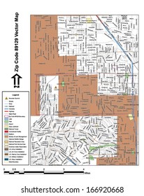 Vector map with summits, rivers, railroads, streets, lakes, parks, airports, stadiums, correctional facilities, military installations and federal lands by zip code 89129 with labels and clean layers.