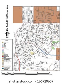 Vector map with summits, rivers, railroads, streets, lakes, parks, airports, stadiums, correctional facilities, military installations and federal lands by zip code 89134 with labels and clean layers.